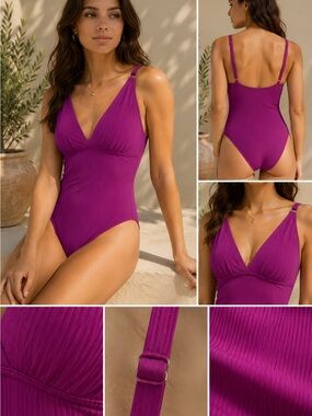 Shade & Shore Magenta Ribbed V-Neck One-Piece Swimsuit# 10